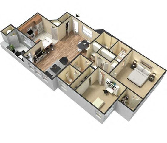 Floor plan for 2 beds, 2 baths, 1018 sqft